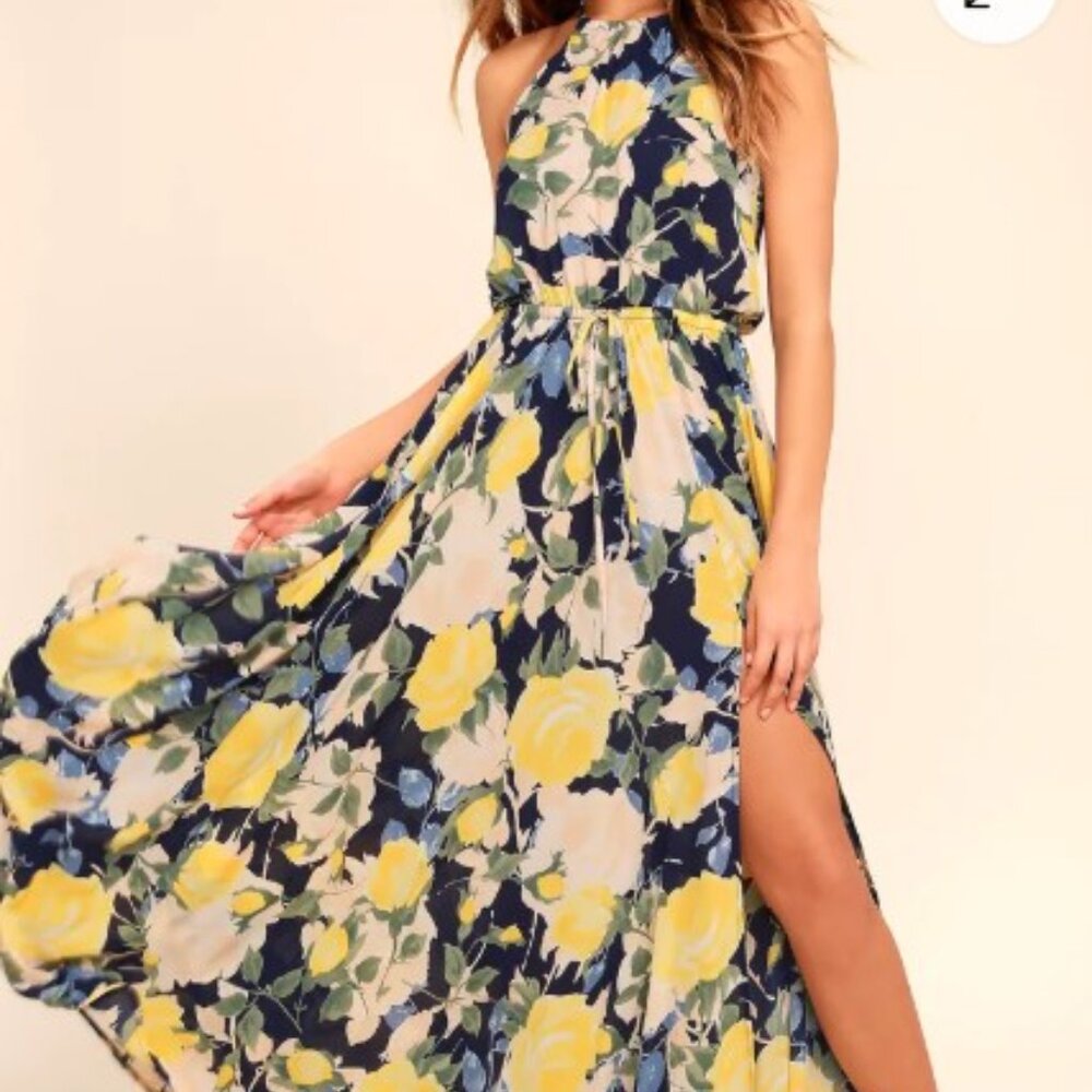 Lulus Precious Memories Blue and Yellow floral maxi dress